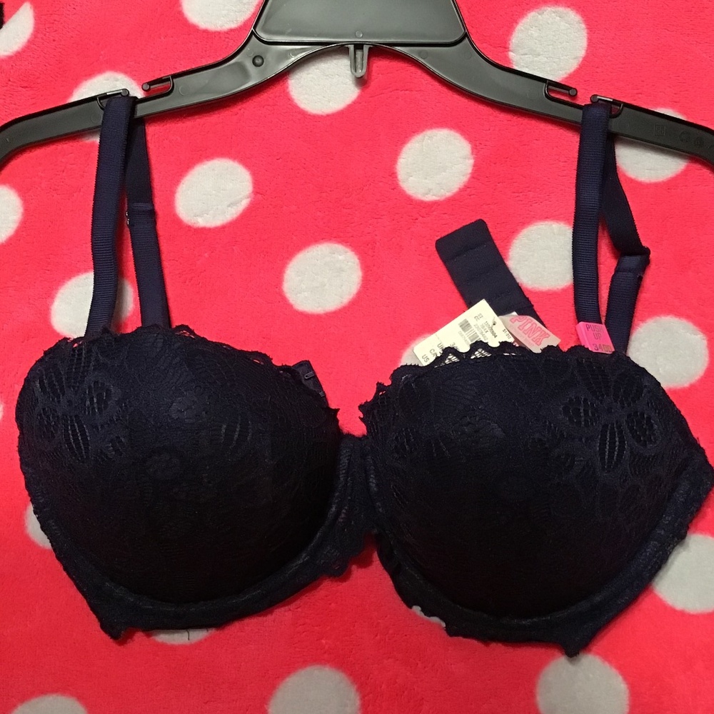 Gorgeous Victoria’s Secret Pink Pushup 34DD, Navy Lace, convertible straps, NWT